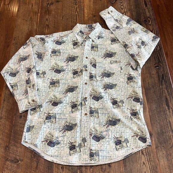 Woolrich Rugged Outdoor Shirt Long Sleeve Fishing Print Lake Vintage USA Large - Picture 4 of 10